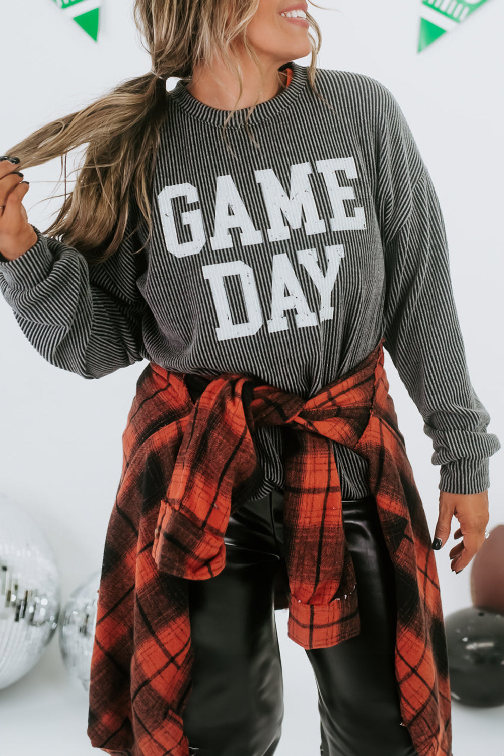 Dark Grey Corded ‘GAME DAY’ Long Sleeve Crewneck Top