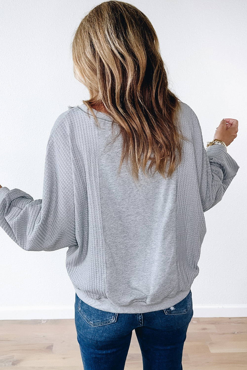 Light Grey Waffle Long Sleeve Raw Hem Top