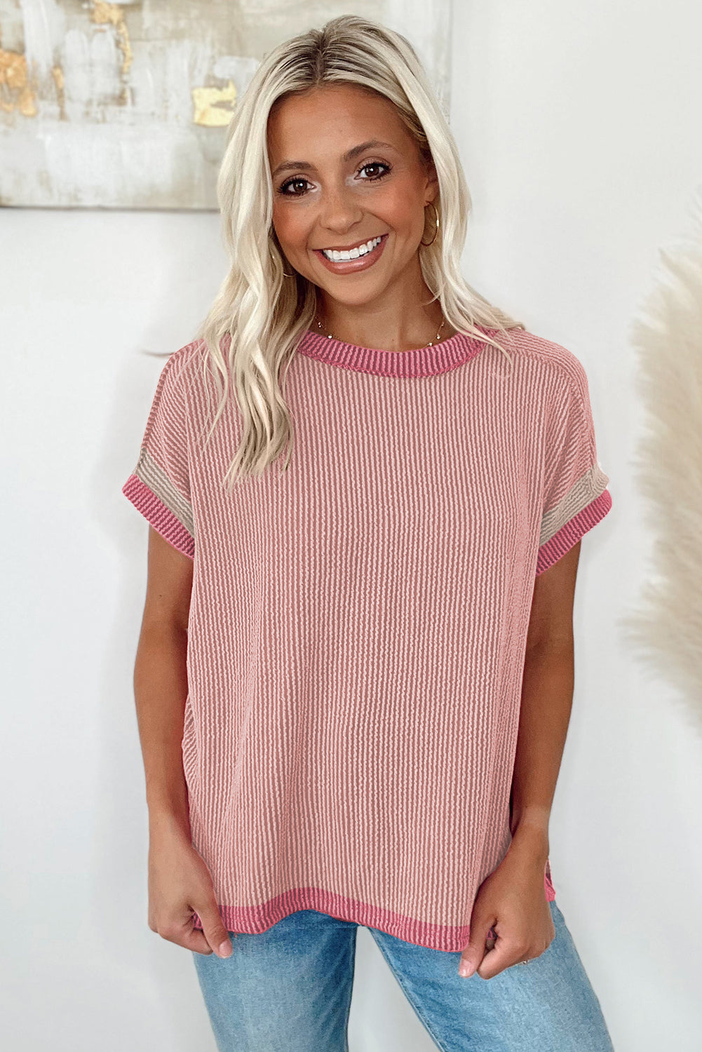Light Pink Textured Contrast Trim T Shirt