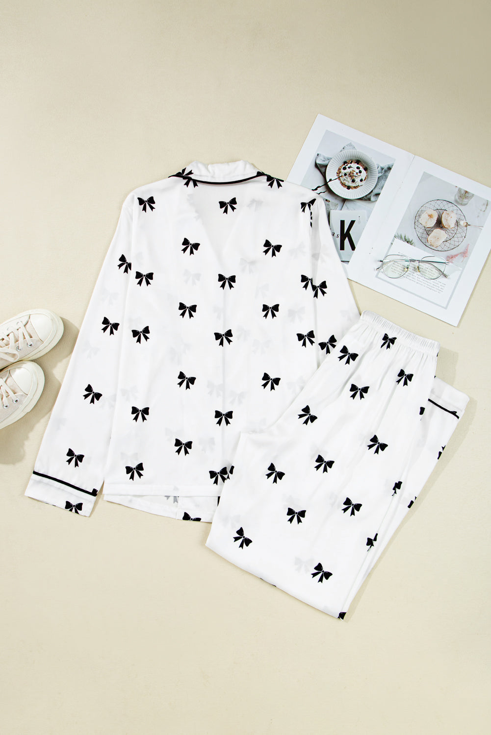 White Bows Print Pajama Set