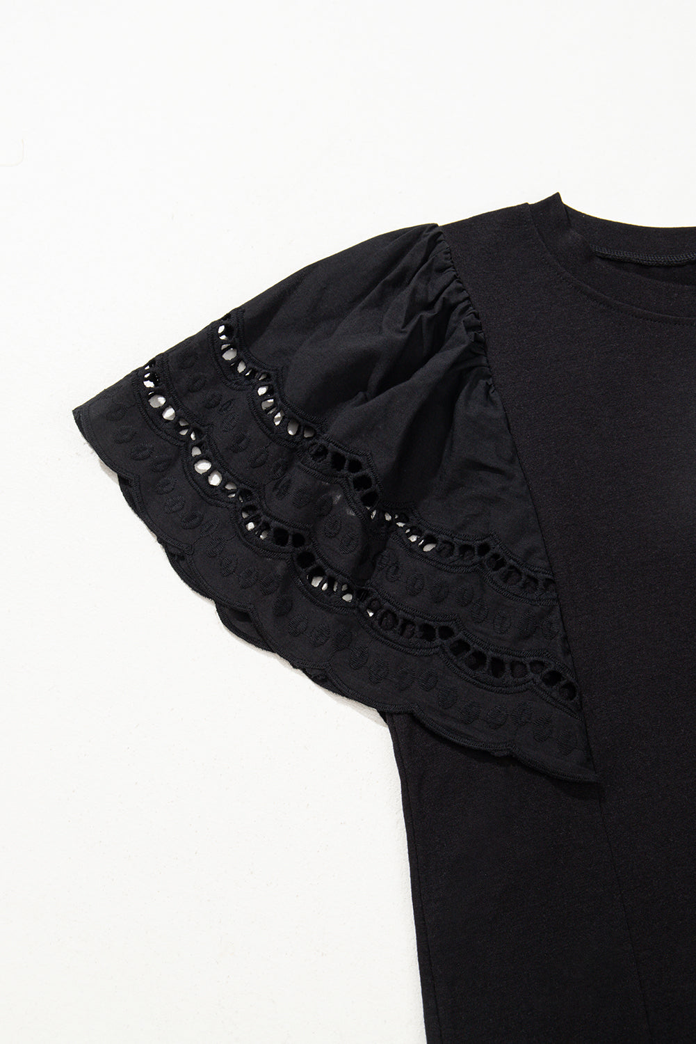 Black Hollow Out Embroidered Short Sleeve Top