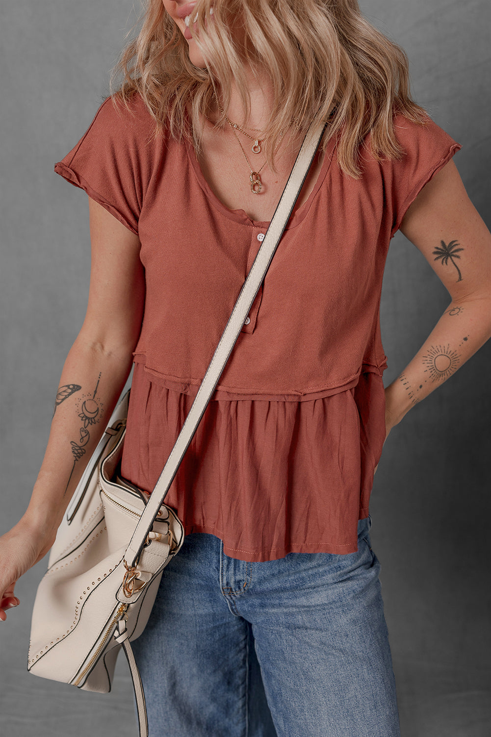 Chestnut Short Sleeve Ruffle Blouse
