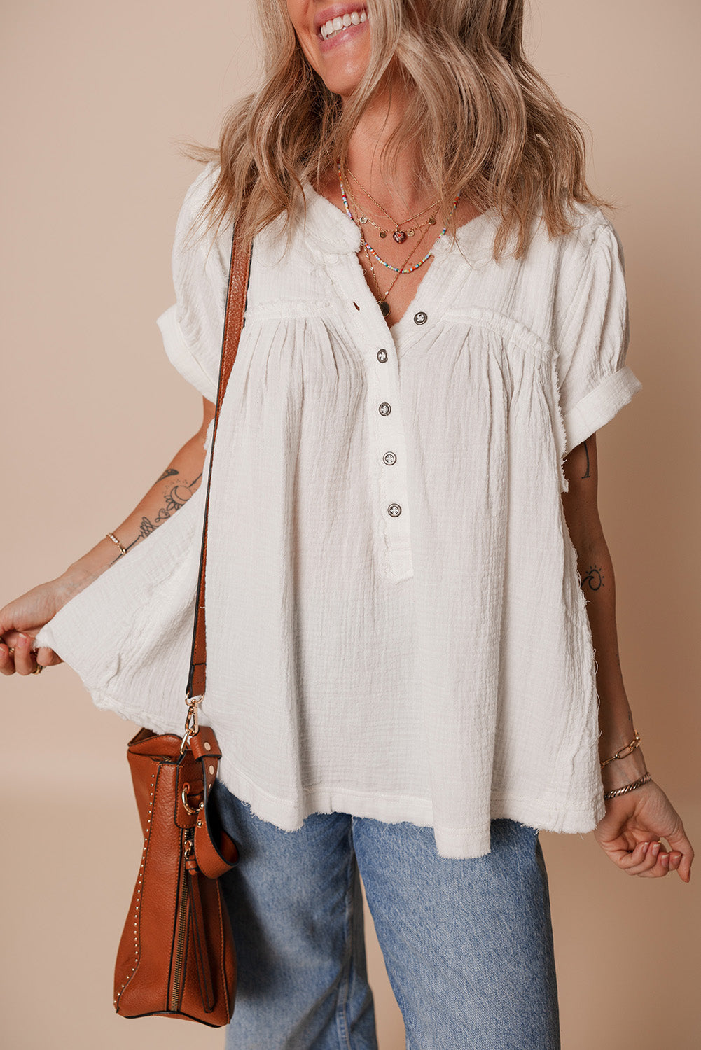 White Textured Button Down Short Sleeve Blouse