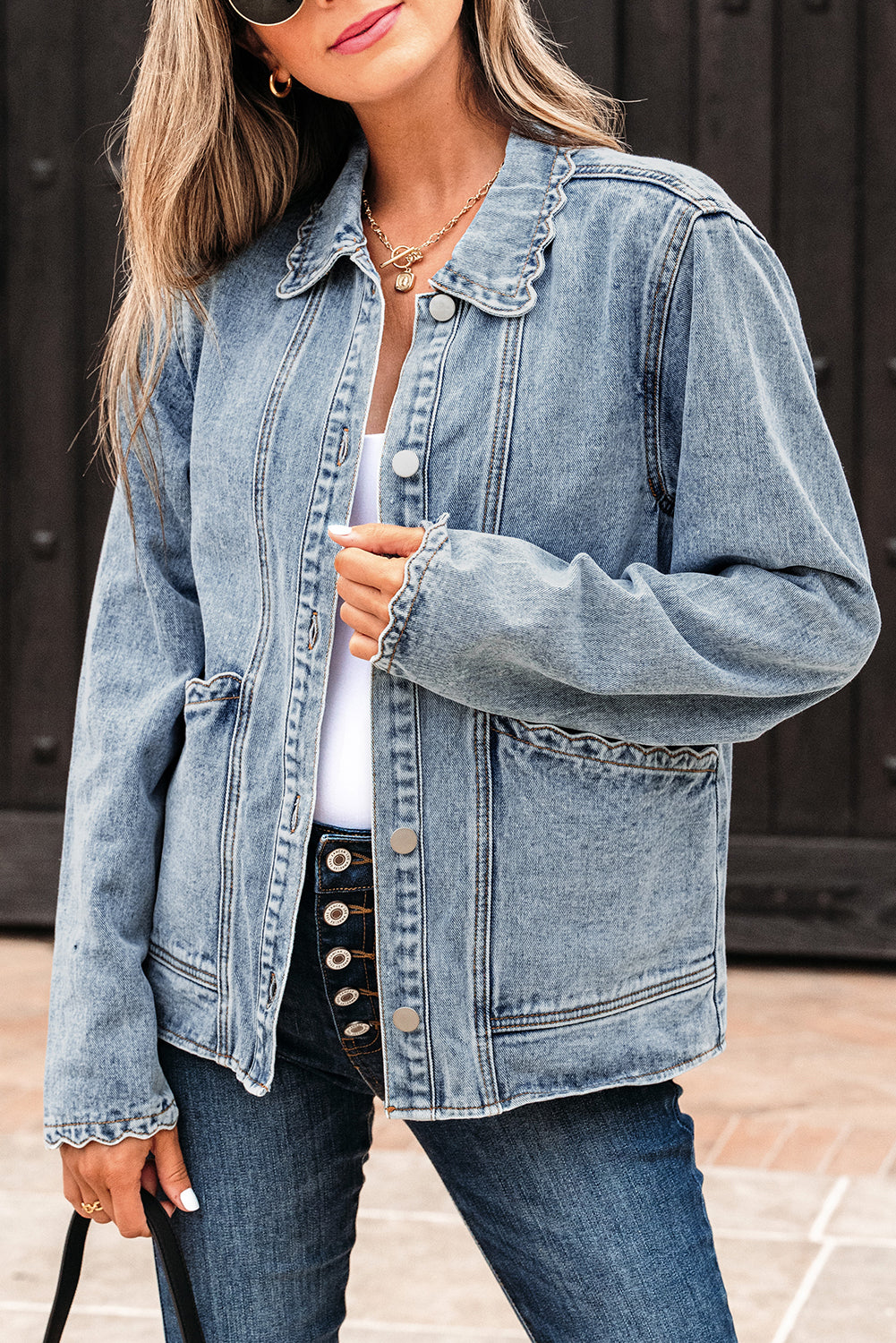 Light Wash Scallop Trim Button Up Denim Jacket