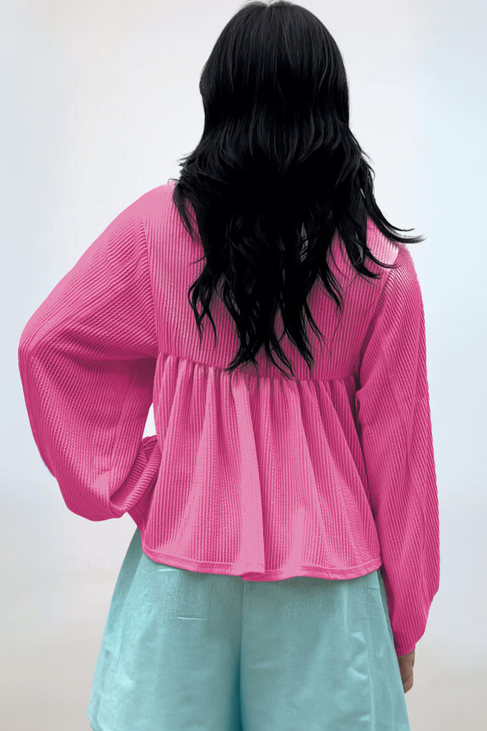 Bright Pink V Neck Bubble Sleeve Babydoll Blouse