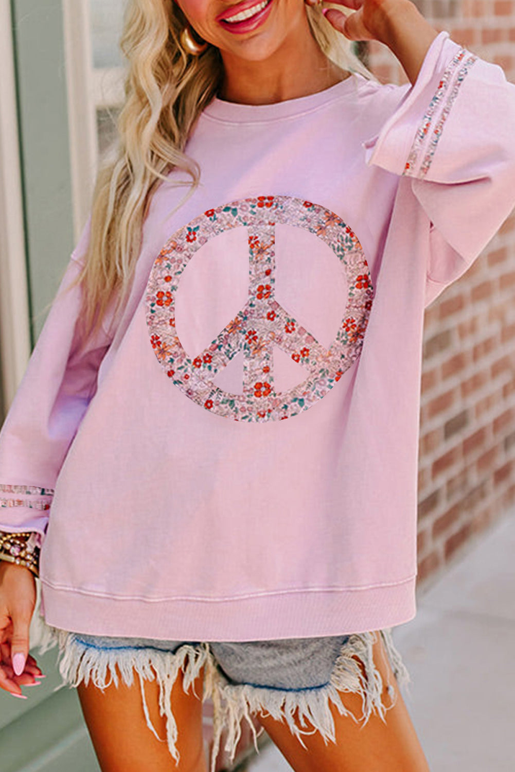 Light Pink Floral Peace Sign Wide Sleeve Casual Top