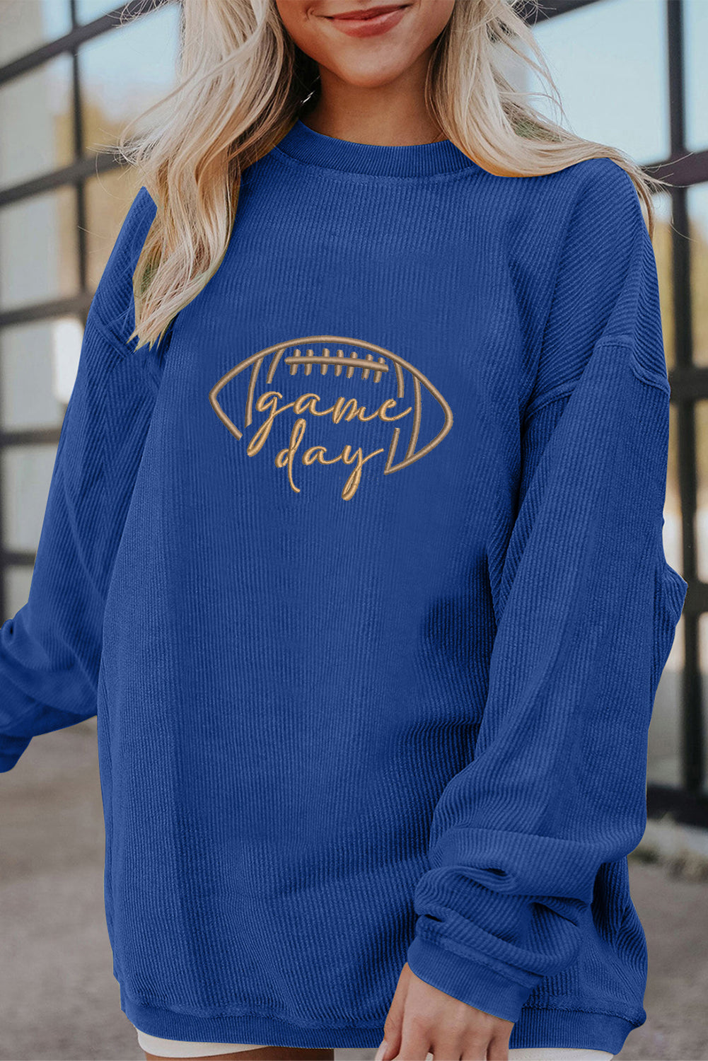 Dark Blue Football ‘Game Day’ Embroidered Corduroy Sweatshirt