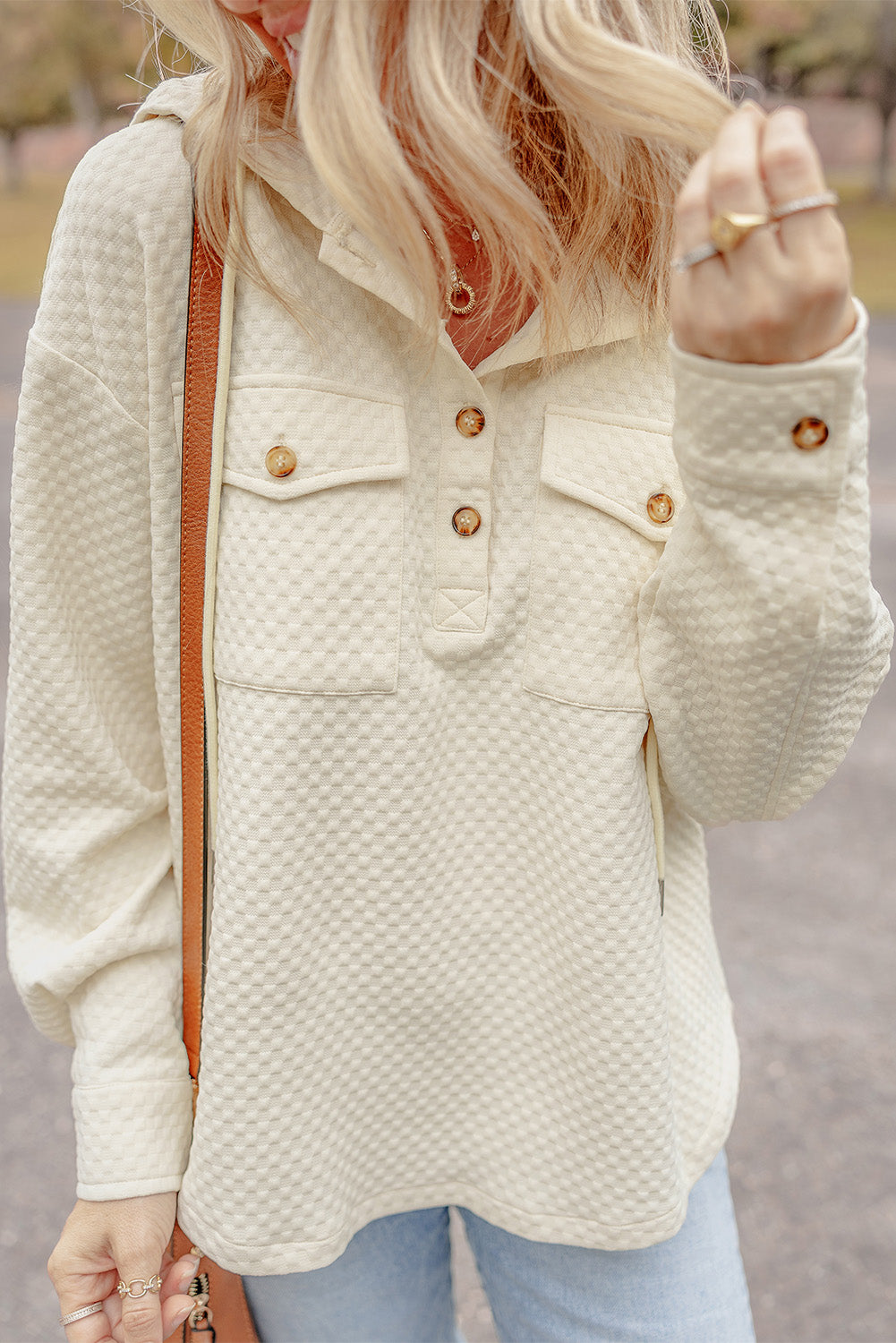 Apricot Textured Buttoned Hoodie