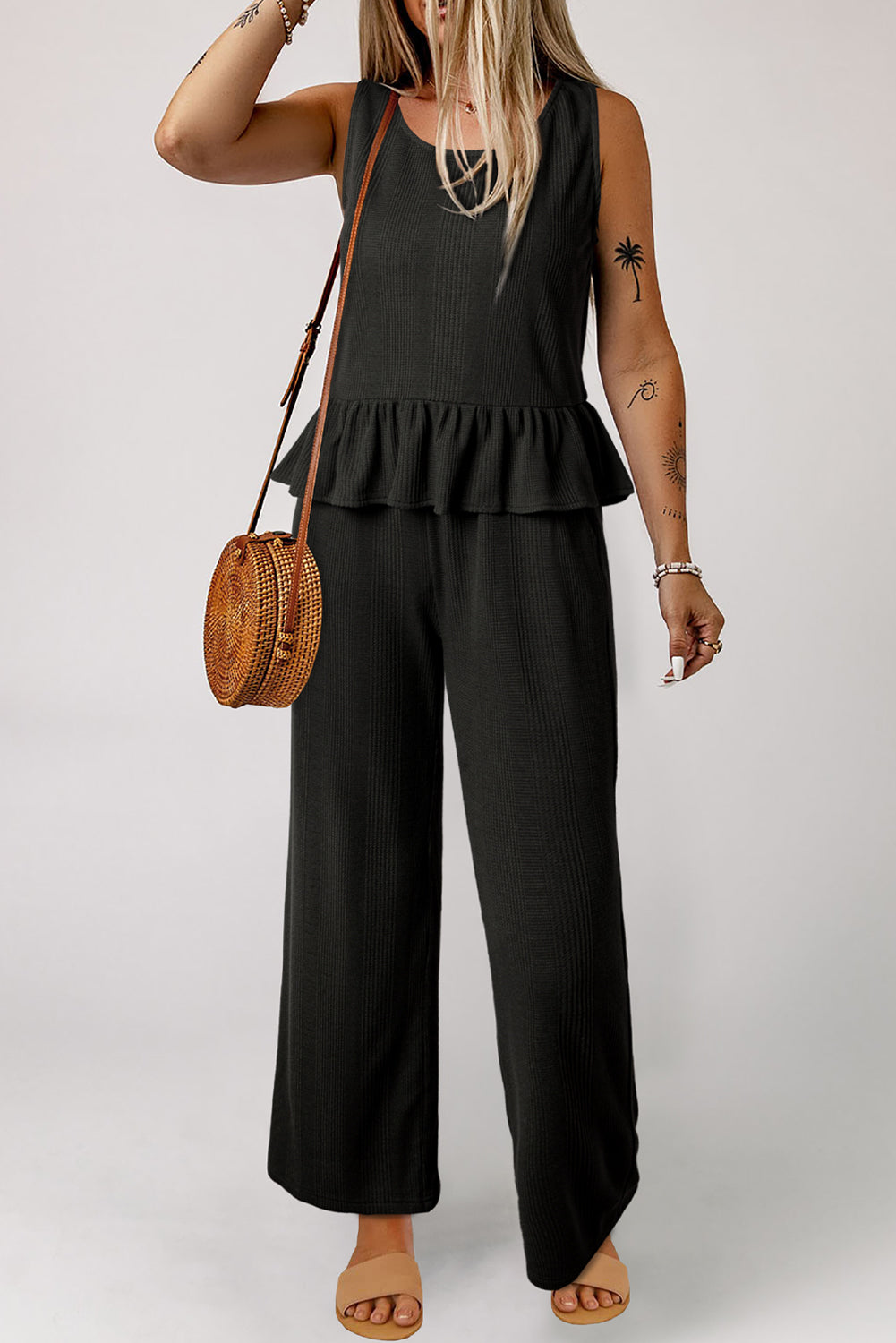 Black Ribbed Ruffle Tank Top and Pants Set