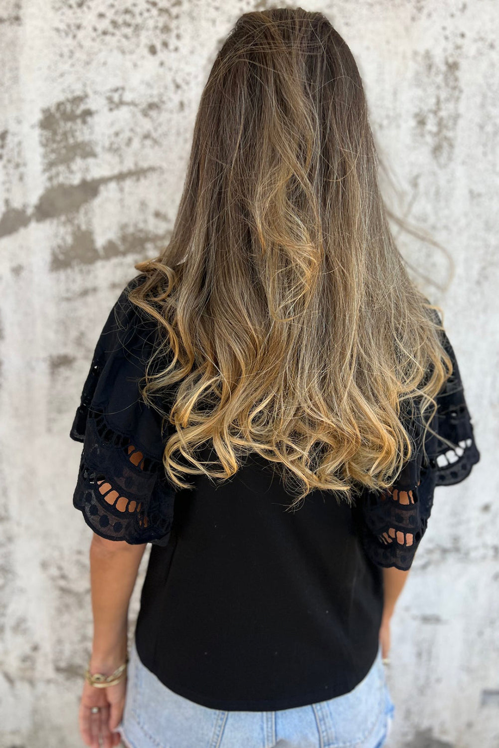 Black Hollow Out Embroidered Short Sleeve Top