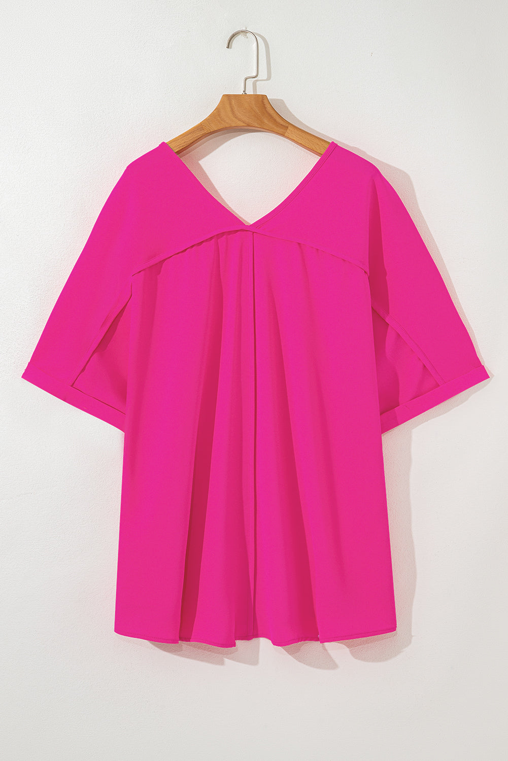 Bright Pink Seamed V Neck Cuffed Sleeve Plus Size Tee