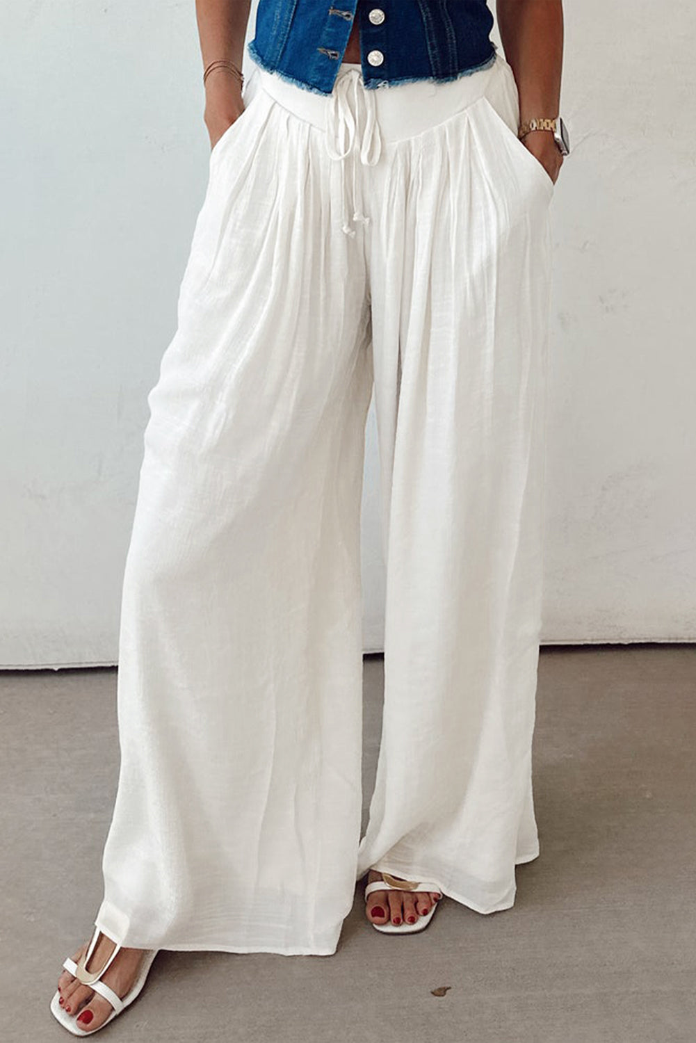 White Linen Drop Waist Pleated Wide Leg Pants