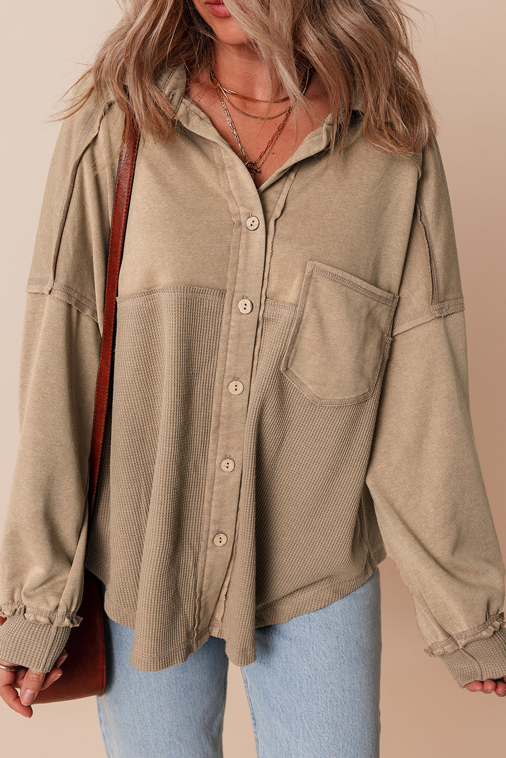 Mineral Wash Patchwork Loose Fit Shacket
