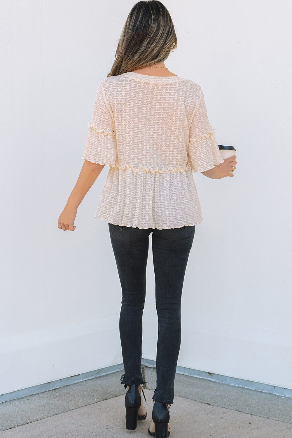 Beige Textured Short Sleeve Blouse