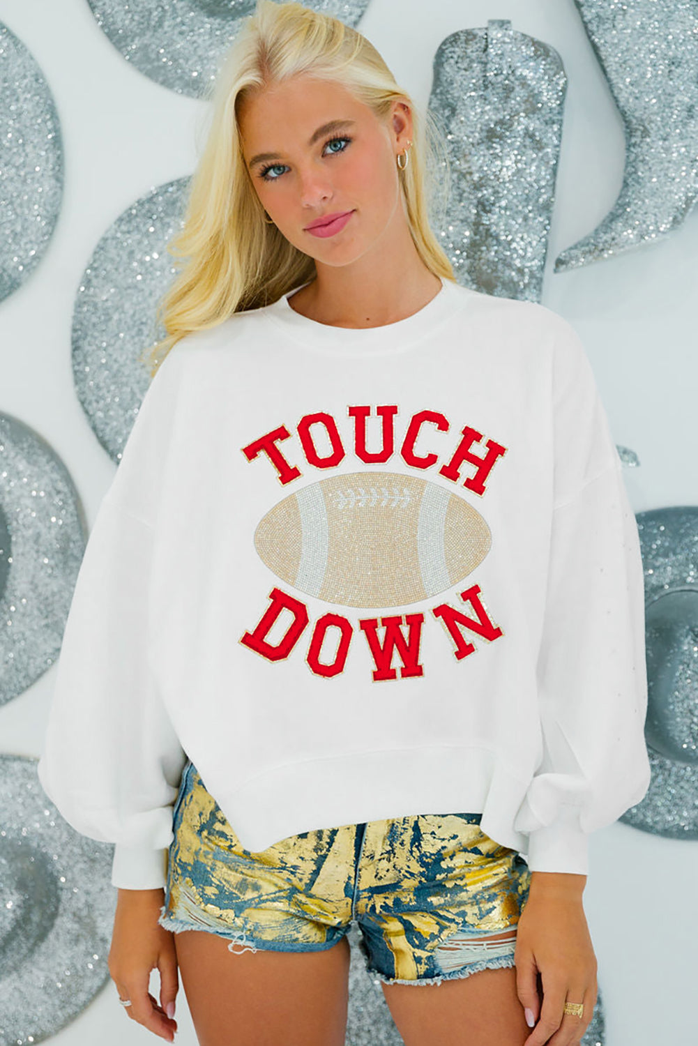 White 'TOUCH DOWN' Football  Pullover Sweatshirt