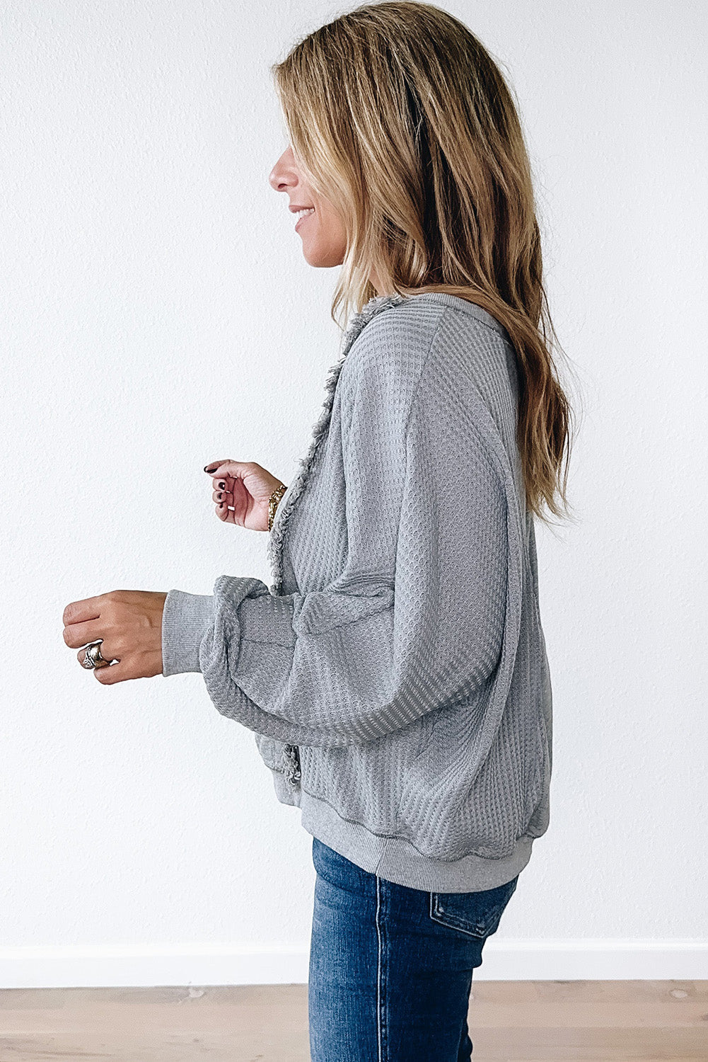 Light Grey Waffle Long Sleeve Raw Hem Top
