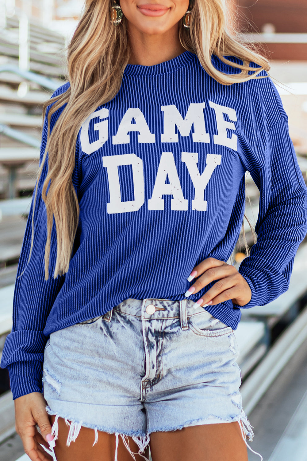 Blue Corded ‘GAME DAY’ Graphic Long Sleeve Top