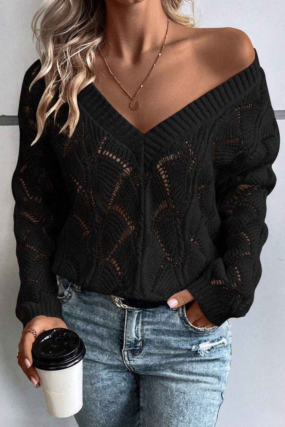 Black Hollow Out Knit Sweater