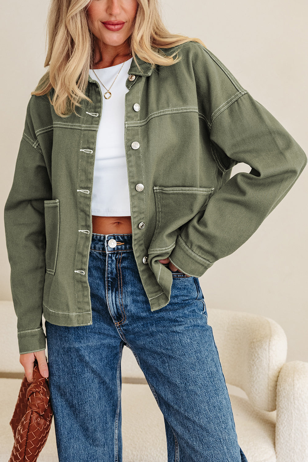 Faded Green Patched Boyfriend Denim Jacket