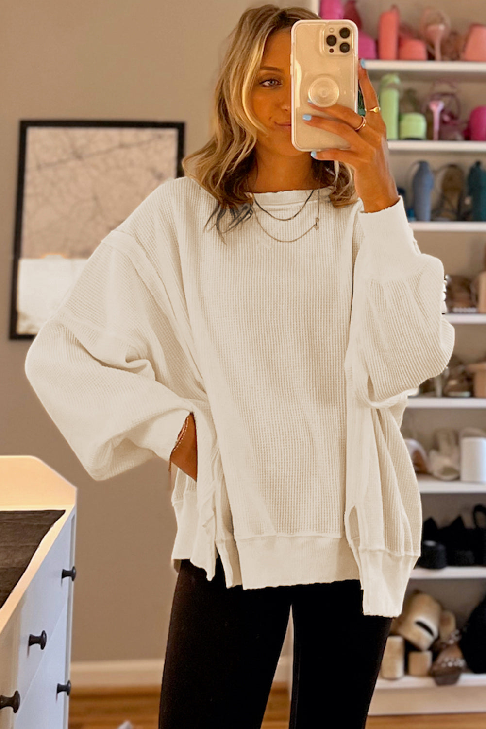 White Waffle Knit Oversized Top