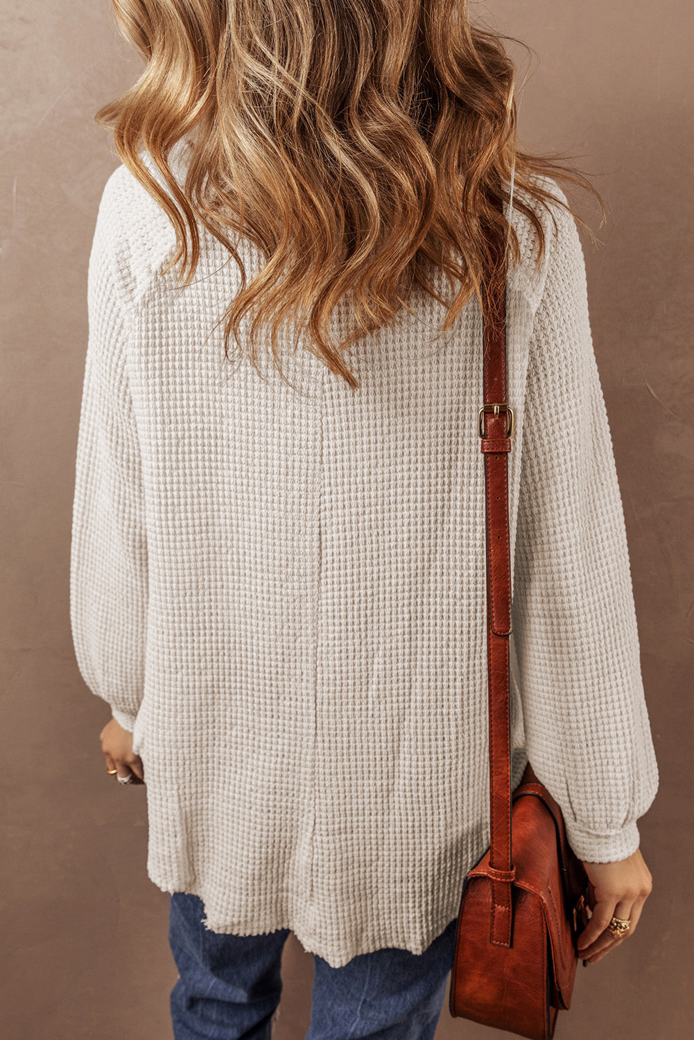 Cream Waffle Knit Buttoned Front Blouse