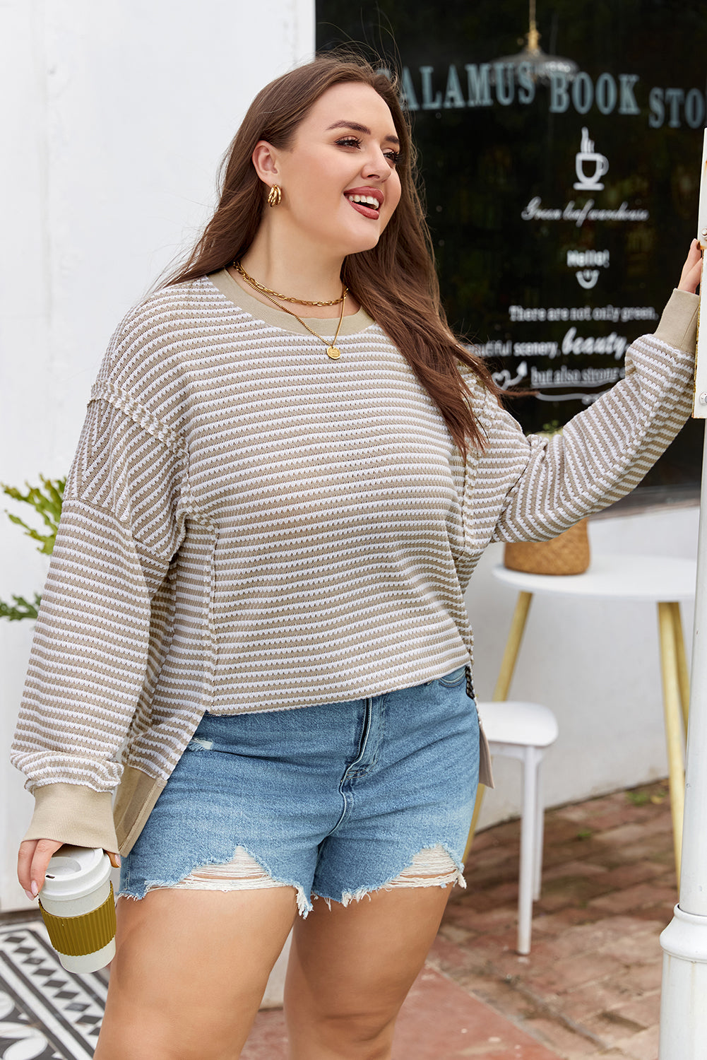 Brown Stripe Plus Size Ribbed Long Sleeve Top
