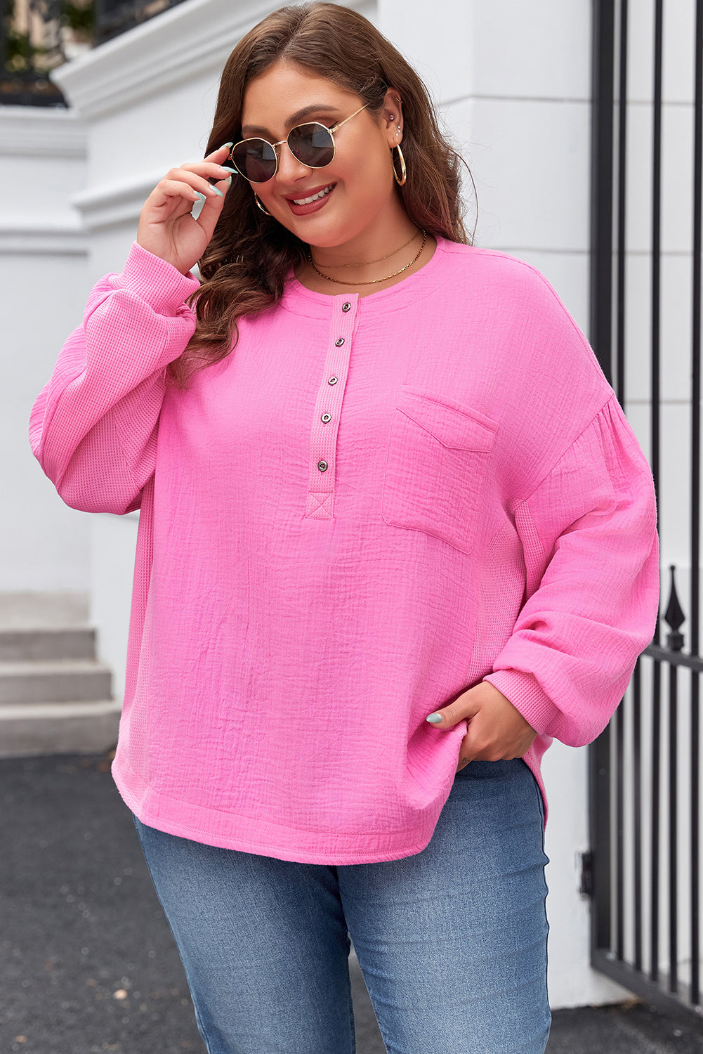 Pink Half Button Plus Size Top