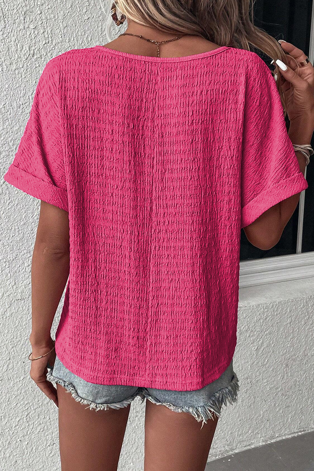 Bright Pink Textured V Neck Tee
