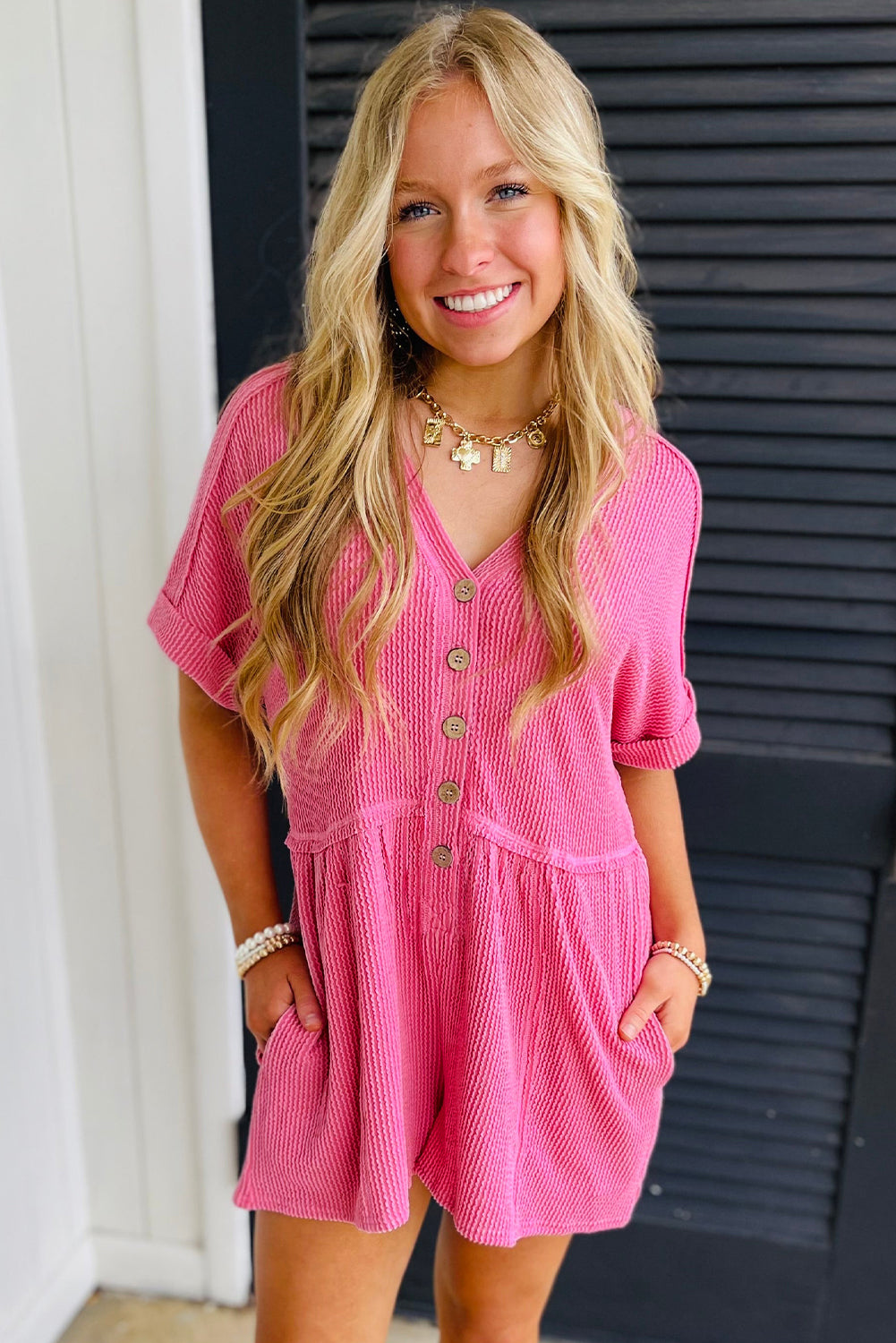 Bright Pink Ribbed Short Sleeve V Neck Romper