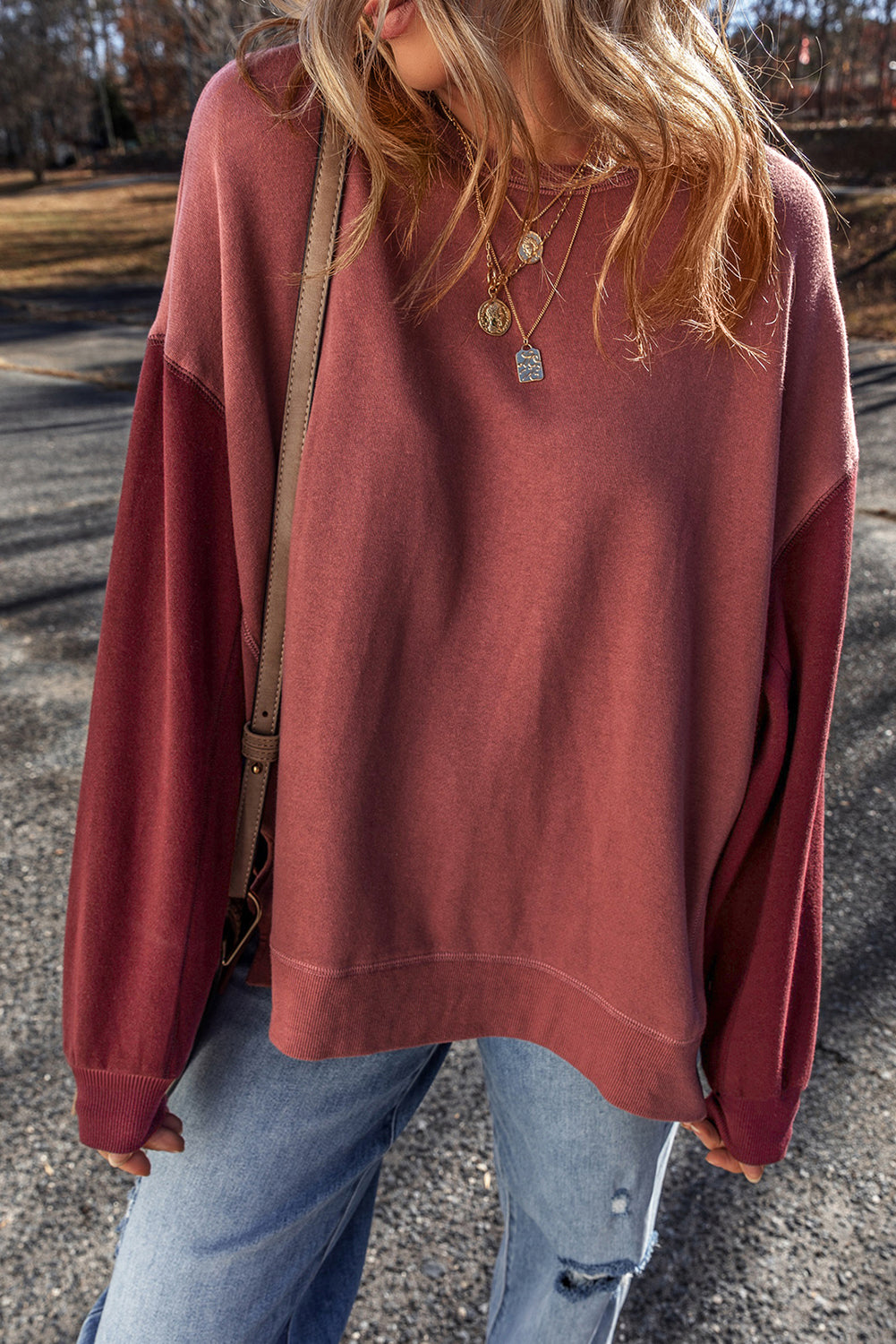 Mineral Red Patchwork Pullover Sweatshirt