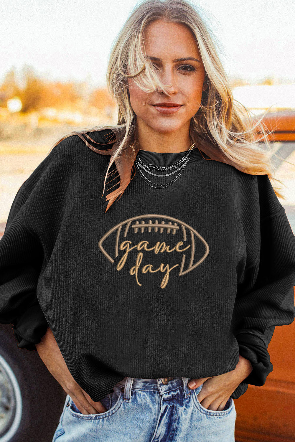 Black Football ‘Game Day’ Embroidered Corduroy Sweatshirt