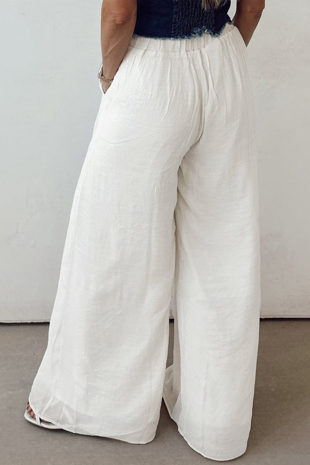 White Linen Drop Waist Pleated Wide Leg Pants