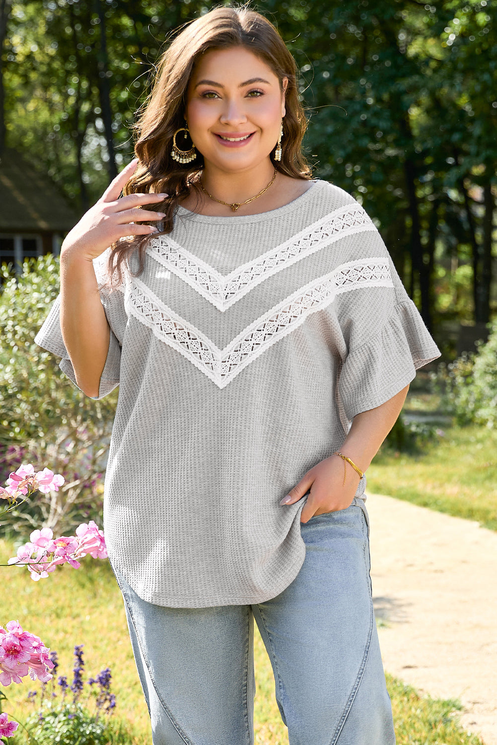 Light Grey Lace Waffle Ruffle Short Sleeve Plus Size Top