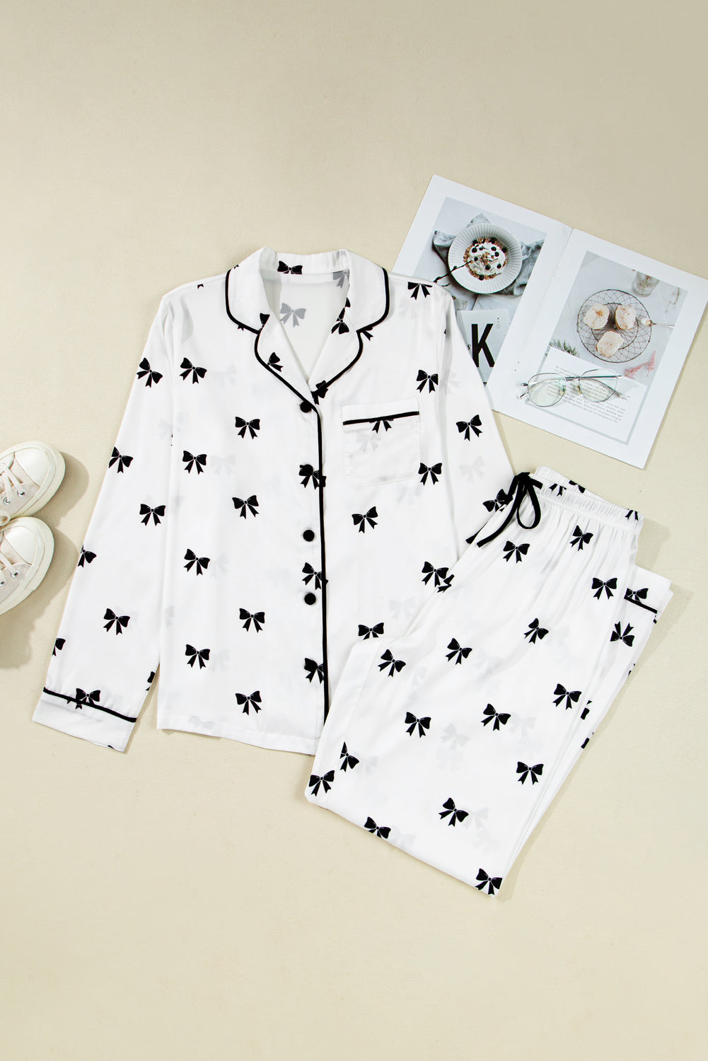 White Bows Print Pajama Set