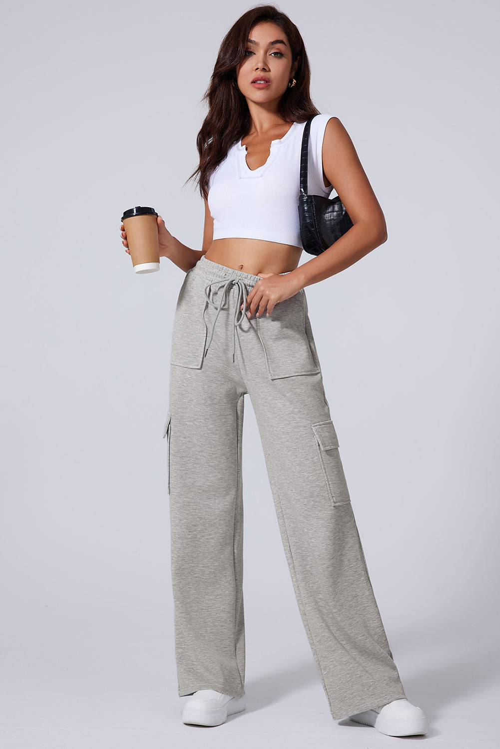 Light Grey Multi Pockets High Waist Wide Leg Pants