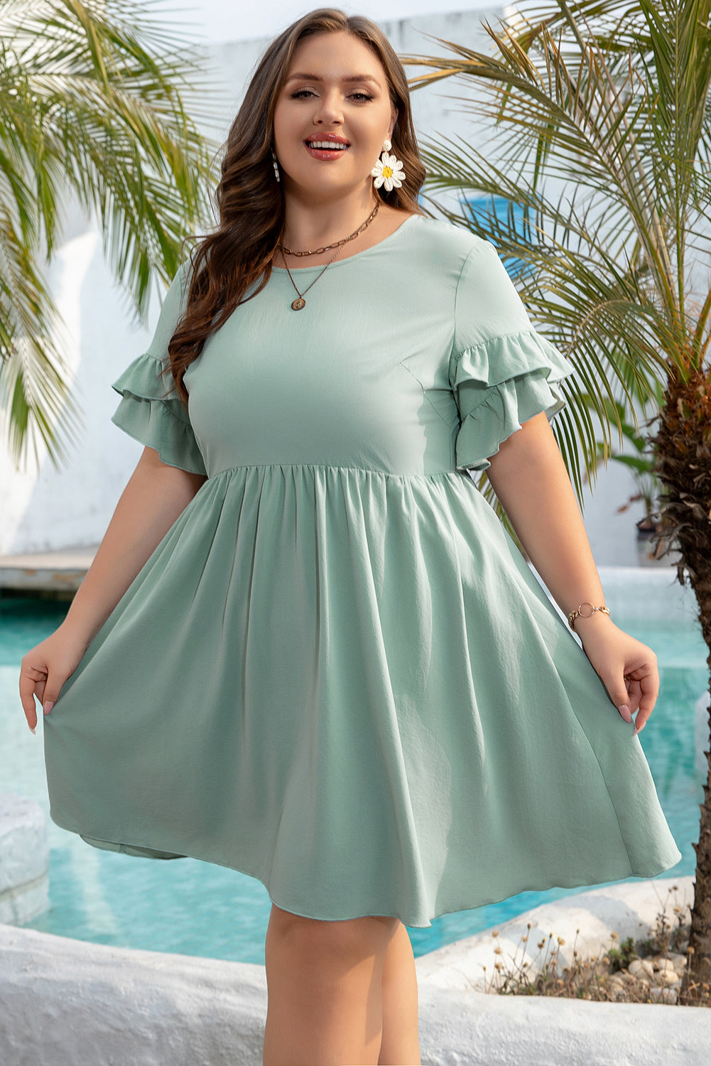 Sage Ruffle Trim Short Sleeve Plus Size Mini Dress