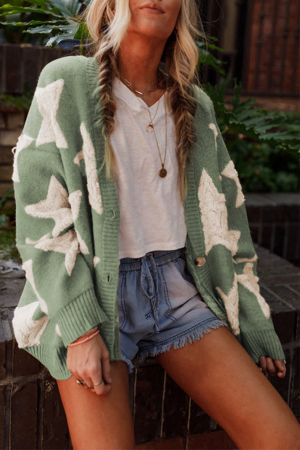 Green Sherpa Star Pattern Sweater Cardigan with Pockets