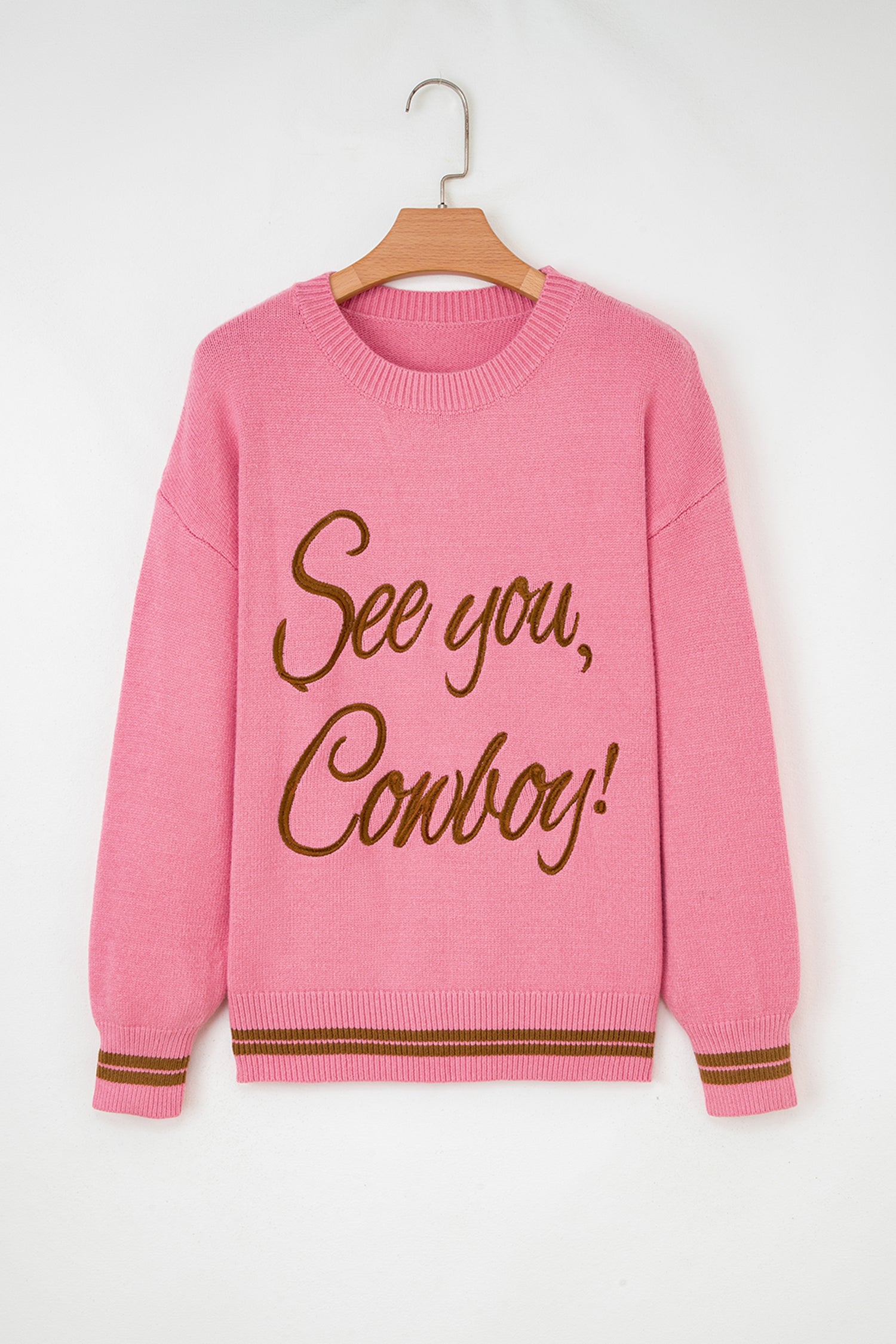Pink ‘See You Cowboy’ Embroidered Western Graphic Sweater