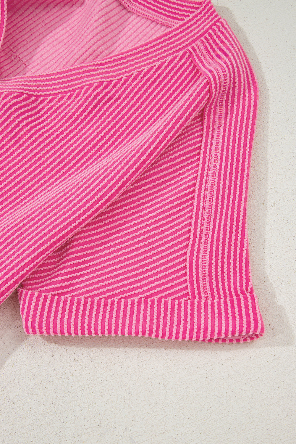 Bright Pink Ribbed Short Sleeve V Neck Romper
