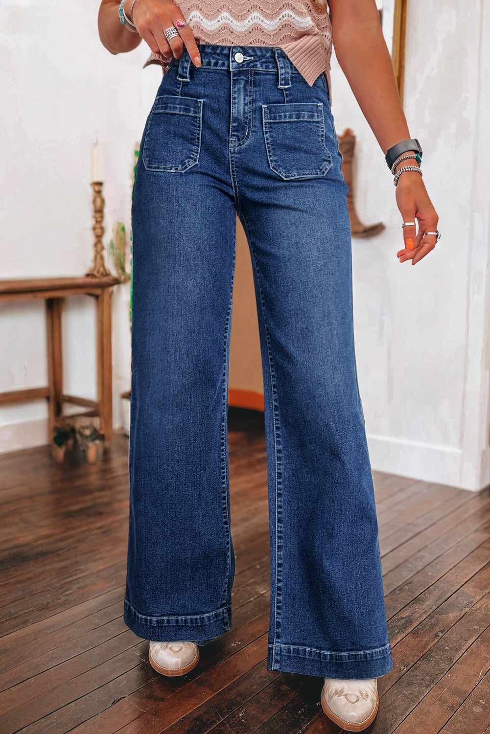 Dark Wash Wide Leg Pocketed High Waist Jeans