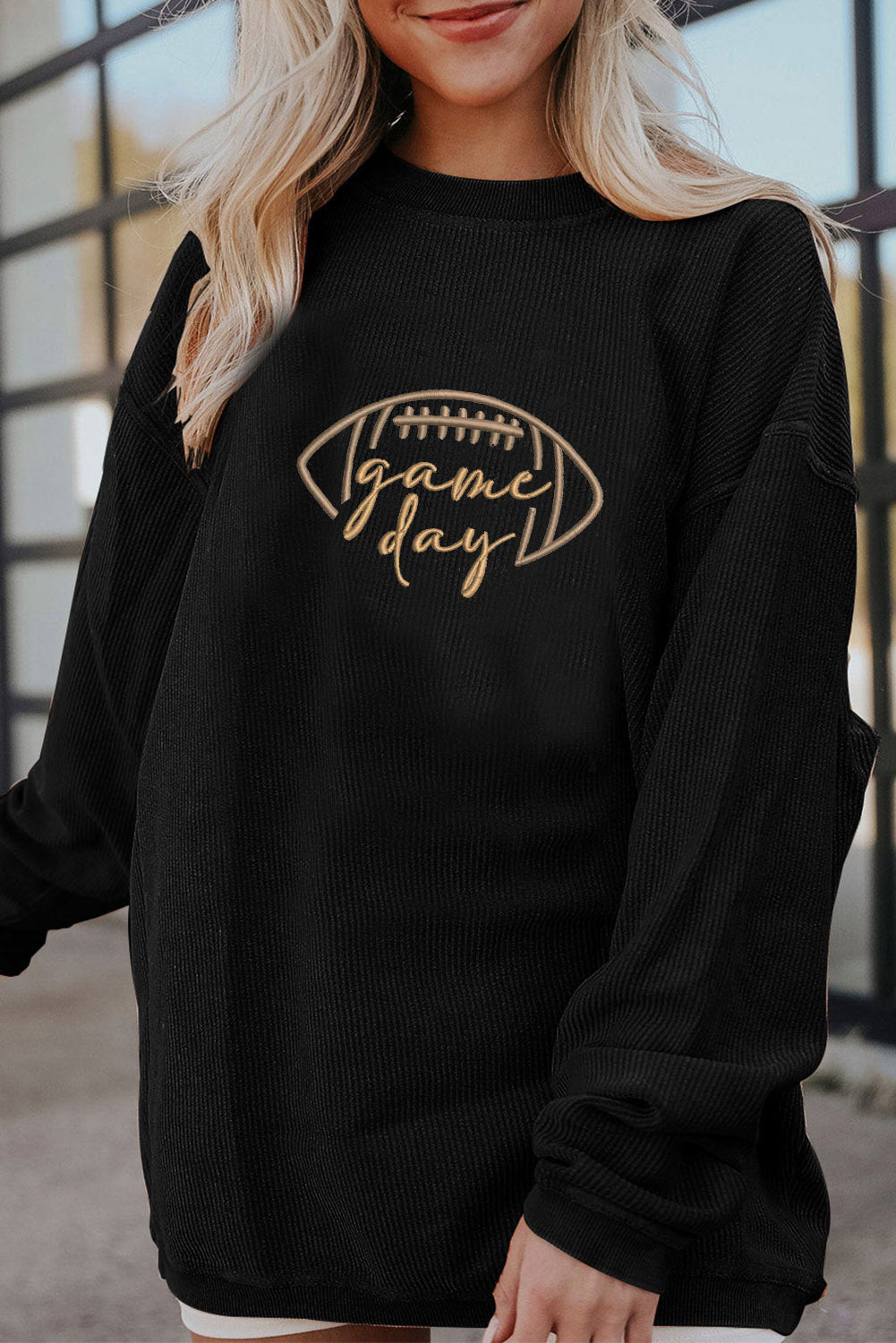 Black Football ‘Game Day’ Embroidered Corduroy Sweatshirt
