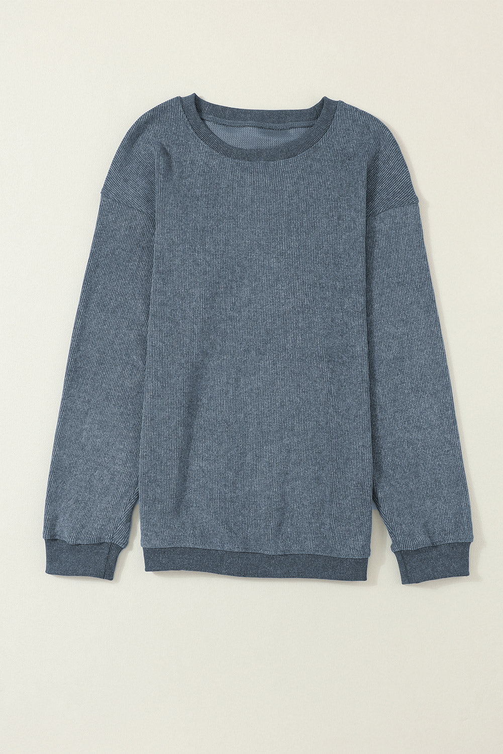 Blue Solid Ribbed Knit Pullover Sweatshirt
