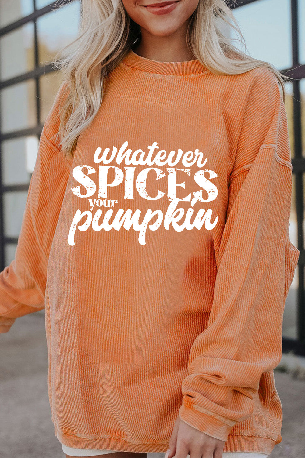 Orange ‘Whatever Spices Your Pumpkin’ Corded Pullover Sweatshirt