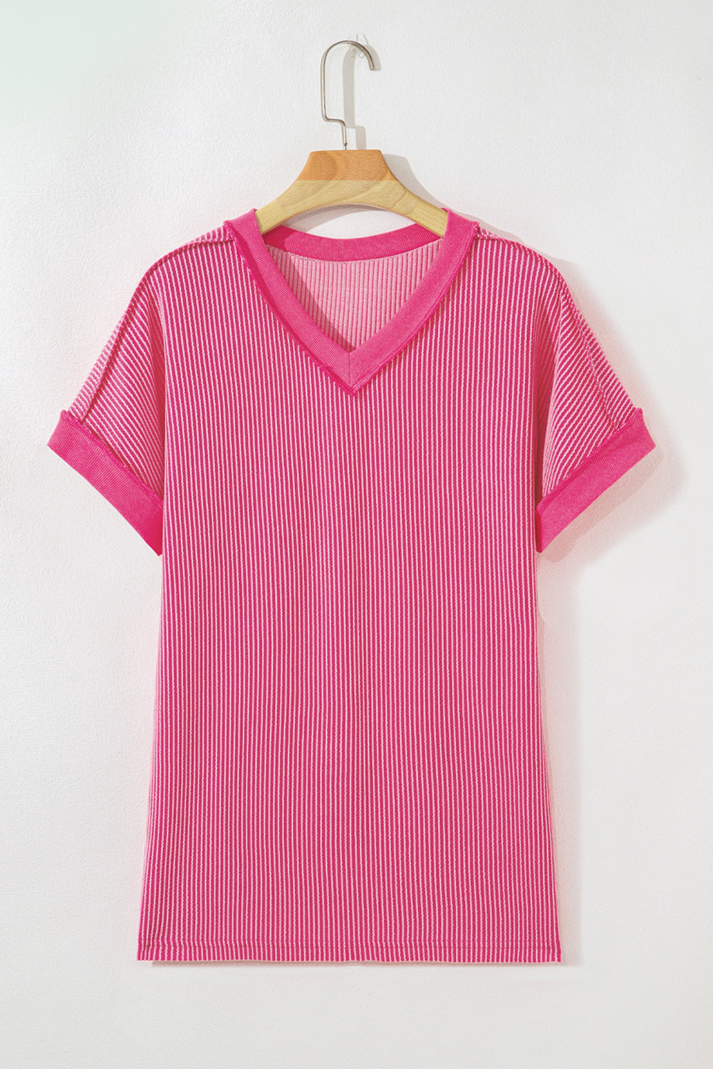 Rose Red Ribbed Knit V Neck Casual Tee