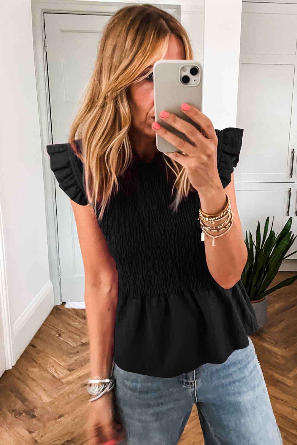 Black Ruffle Short Sleeve Top