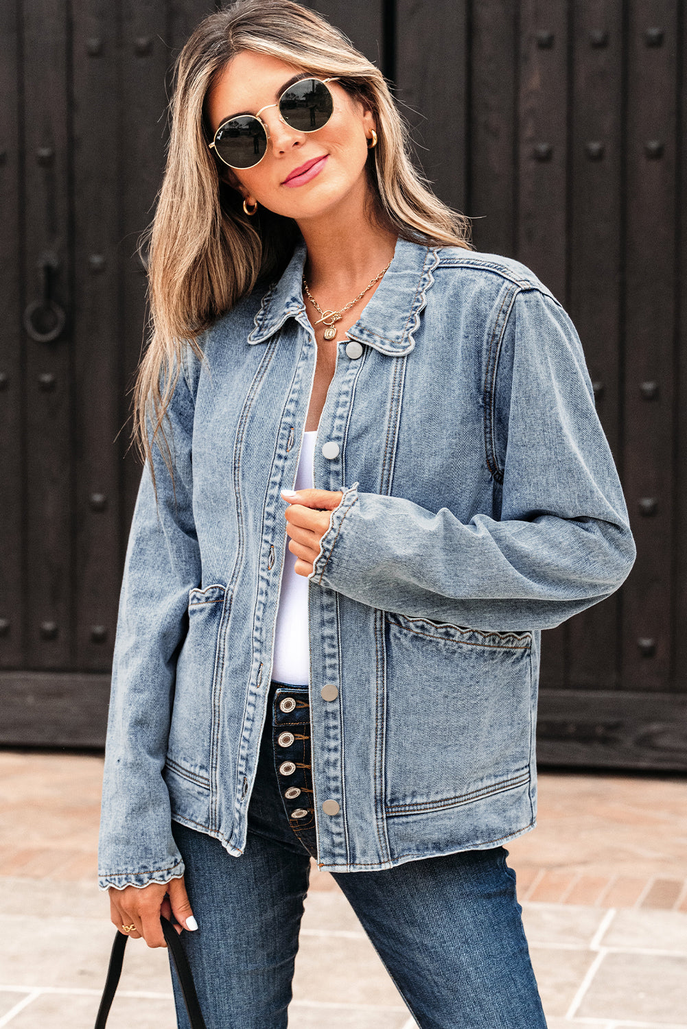 Light Wash Scallop Trim Button Up Denim Jacket