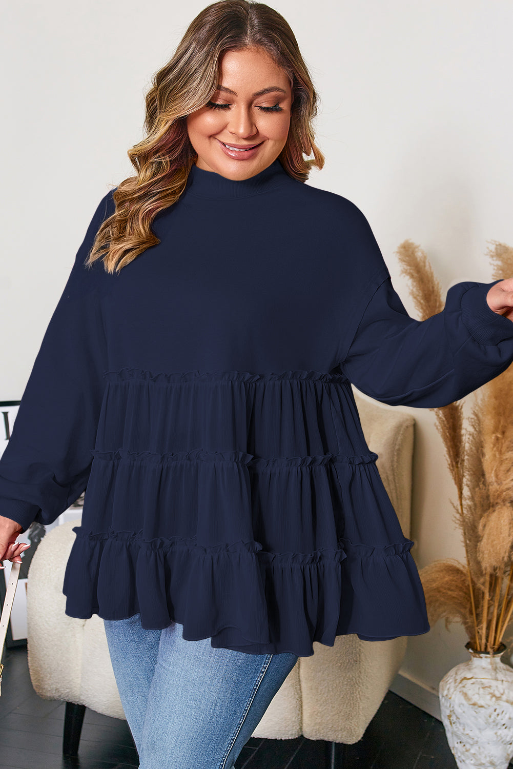 Navy Blue Tiered Ruffle Crew Neck Pullover Plus Size Top
