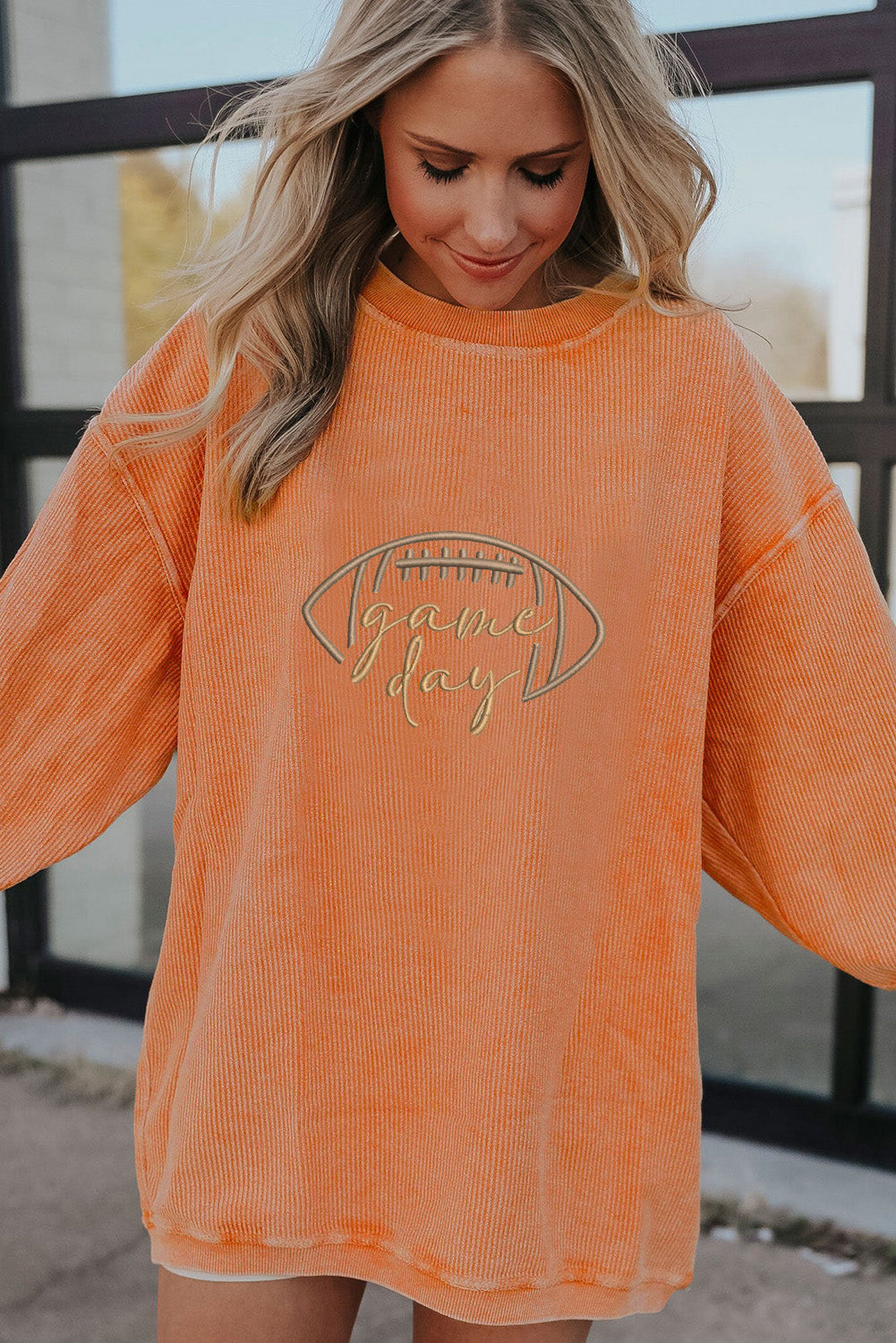 Orange Football Game Day Embroidered Corduroy Sweatshirt