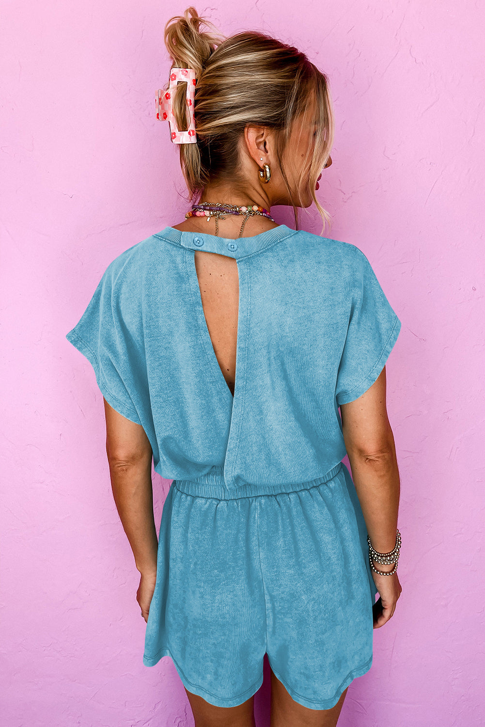 Mist Blue Mineral Wash Hollow Out Back Short Sleeve Romper