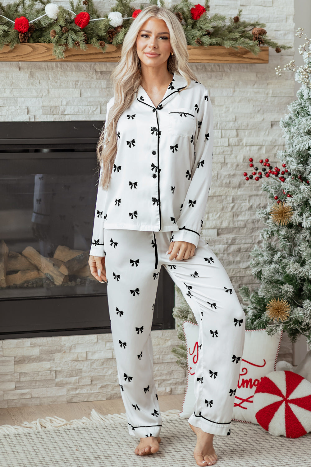 White Bows Print Pajama Set